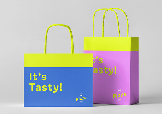 Varie versioni di Shopper J-Fold con stampa personalizzata e colori pastello per attività commerciali
